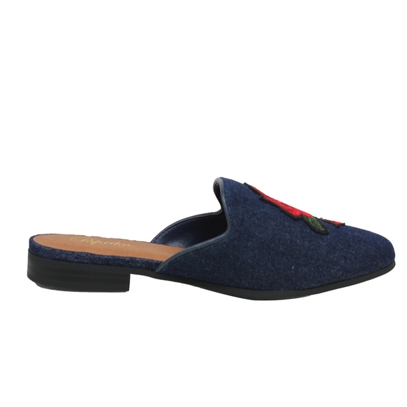 Blue Rose Embroidery Backless Slip On Loafer Mule - Picture 4 of 6